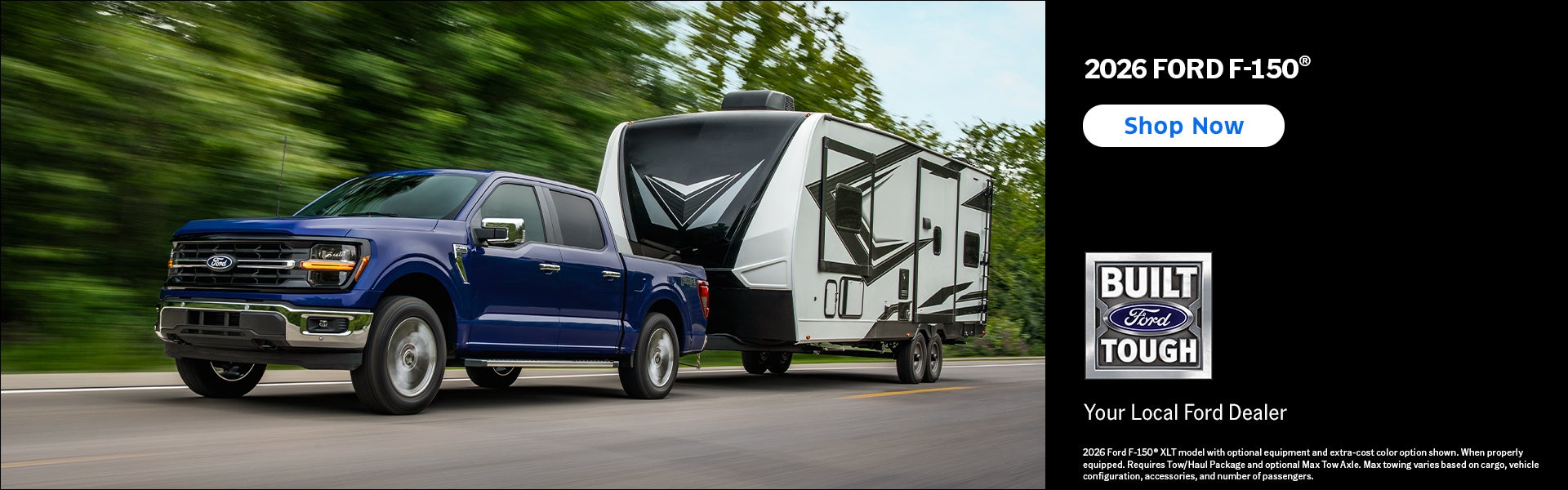 Blue Ford F-150 Pulling Trailer